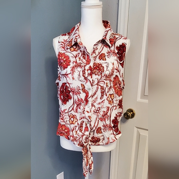 Nicole Miller Red and White Floral Linen/Rayon Pantsuit. XL. - Picture 4 of 16